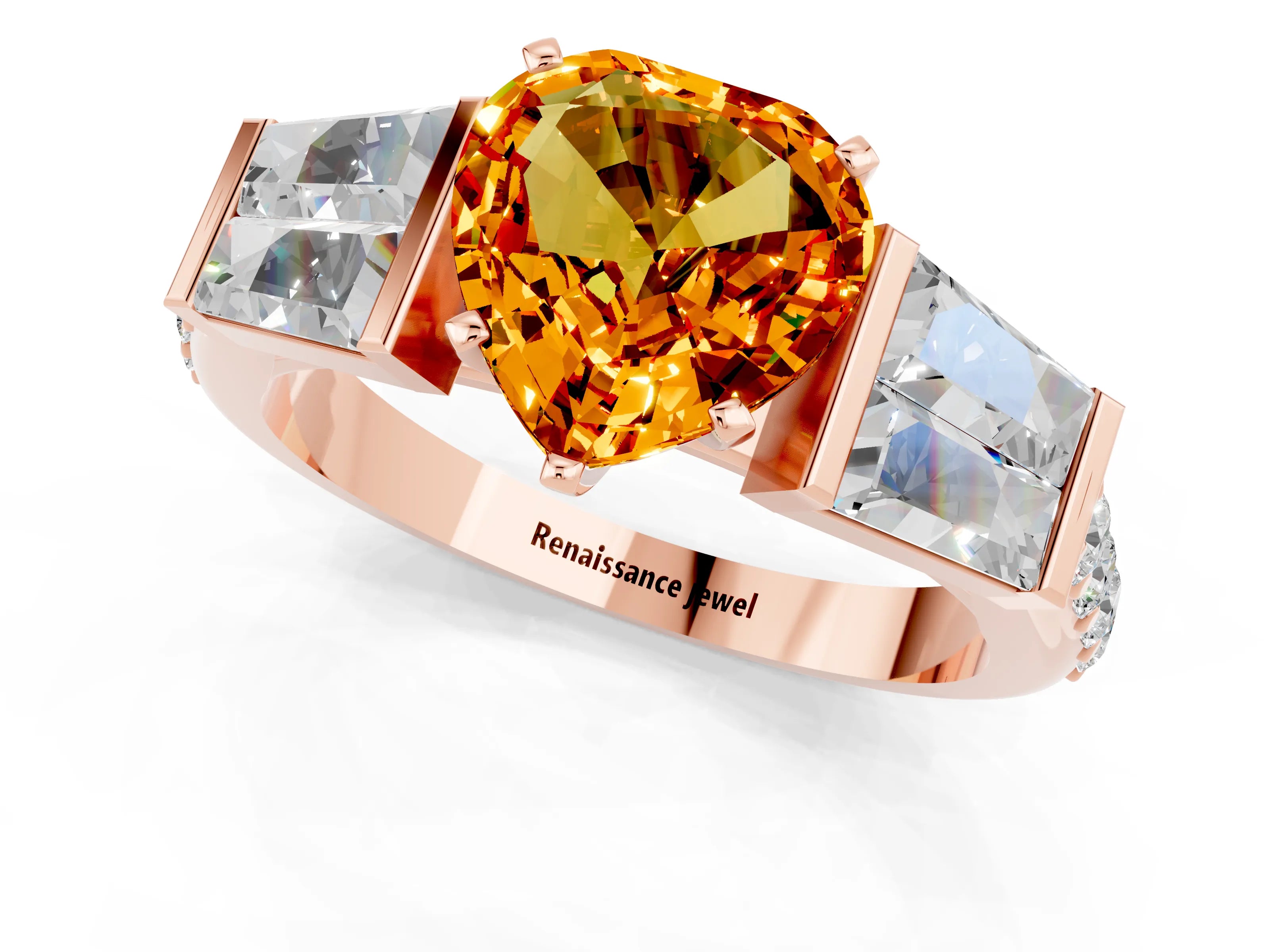 Rose gold Heart Cut Citrine Engagement Ring with Baguette Side Stones and Channel Set Band_1