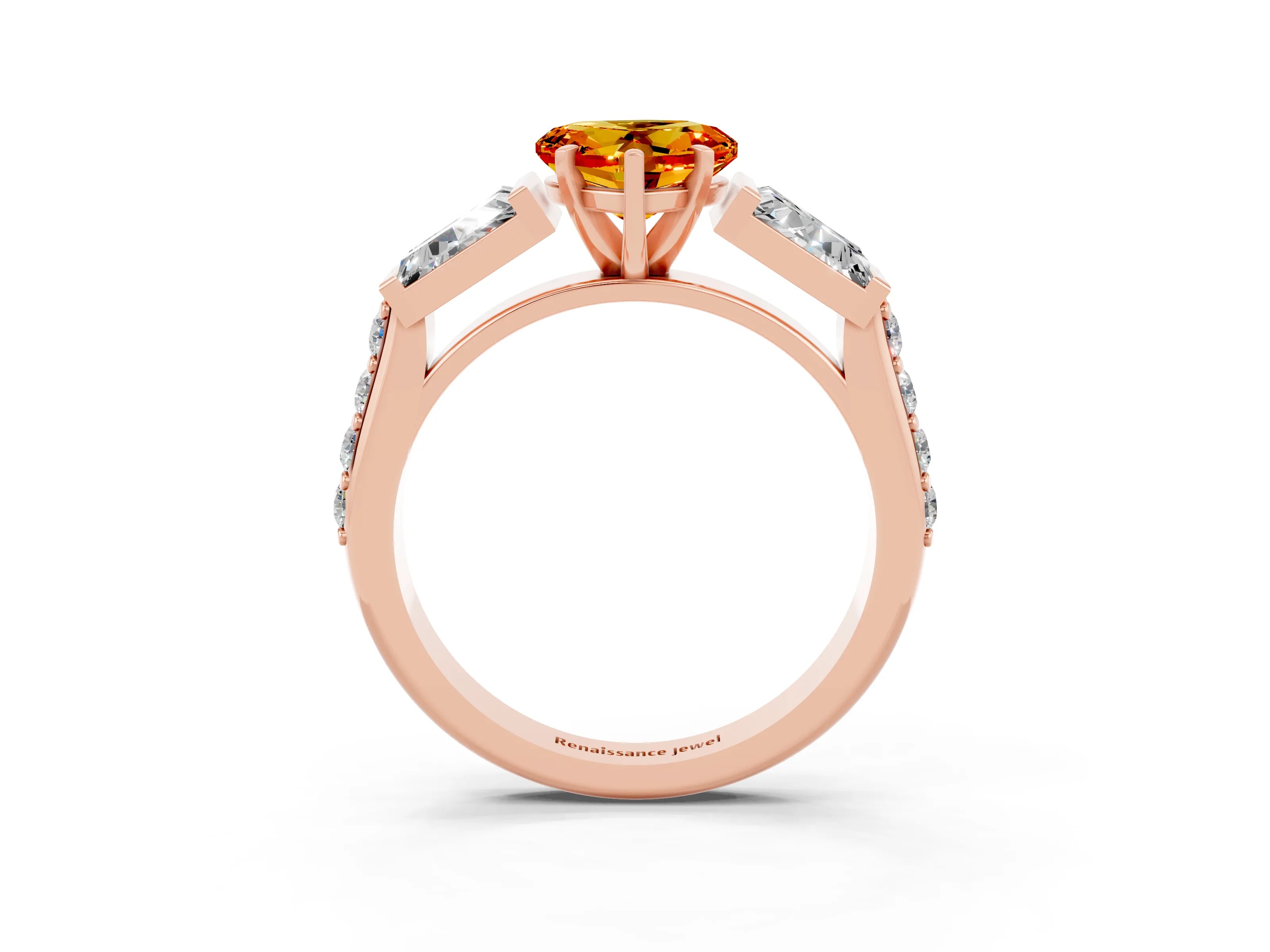Rose gold Heart Cut Citrine Engagement Ring with Baguette Side Stones and Channel Set Band_3