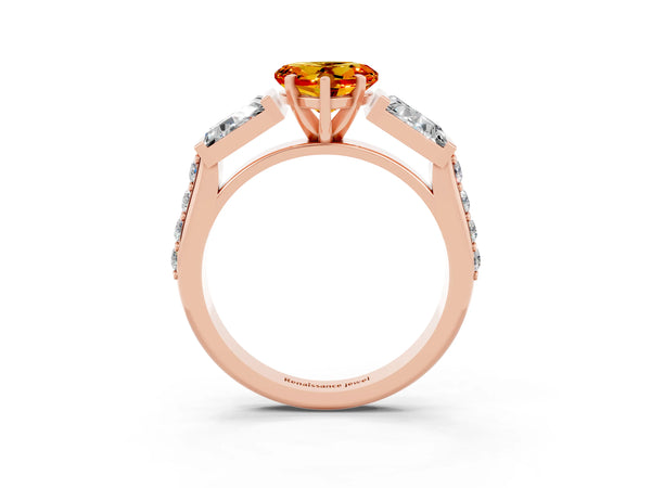 Rose gold Heart Cut Citrine Engagement Ring with Baguette Side Stones and Channel Set Band