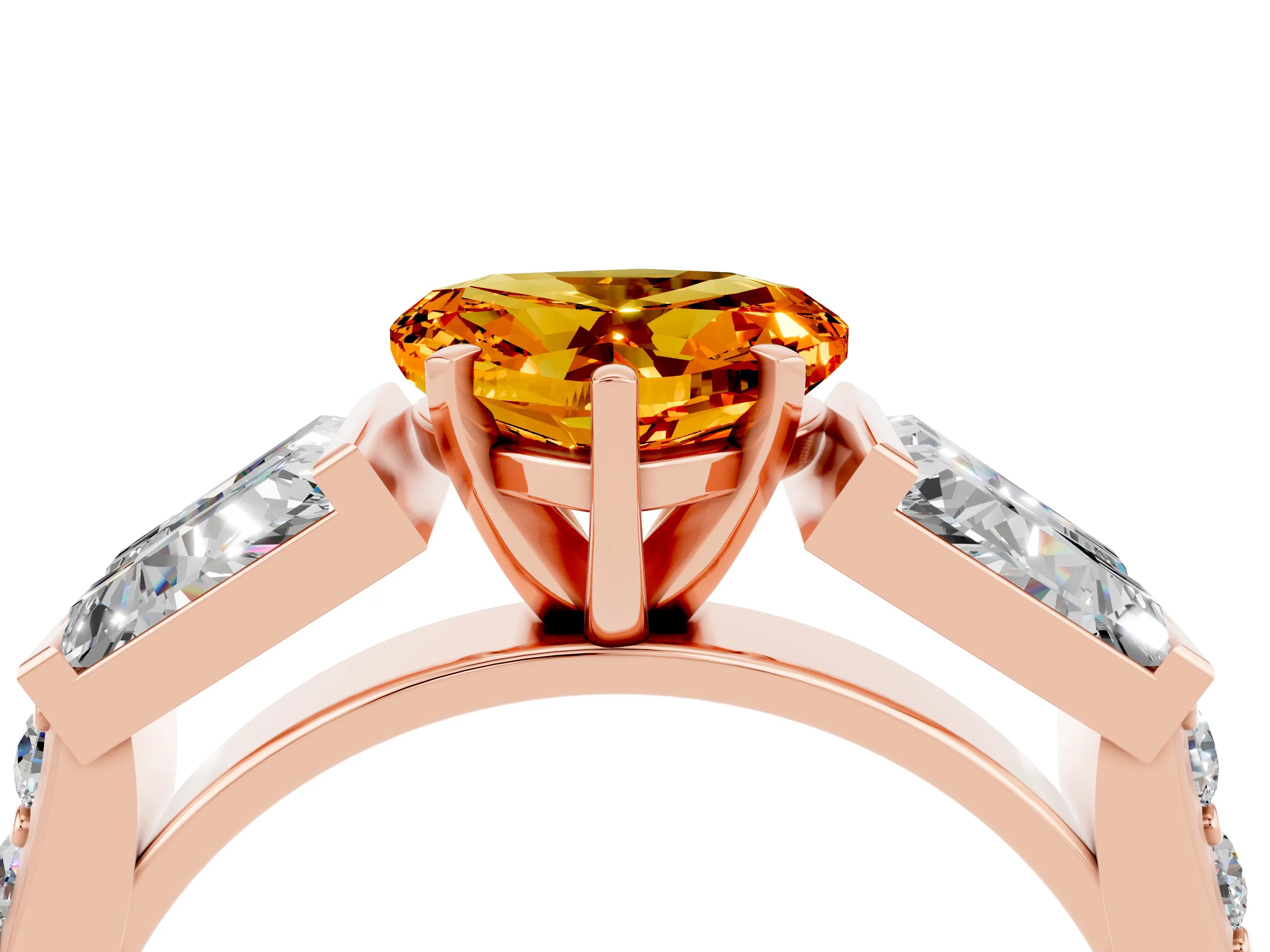 Rose gold Heart Cut Citrine Engagement Ring with Baguette Side Stones and Channel Set Band_4