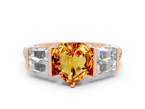 Rose gold Heart Cut Citrine Engagement Ring with Baguette Side Stones and Channel Set Band