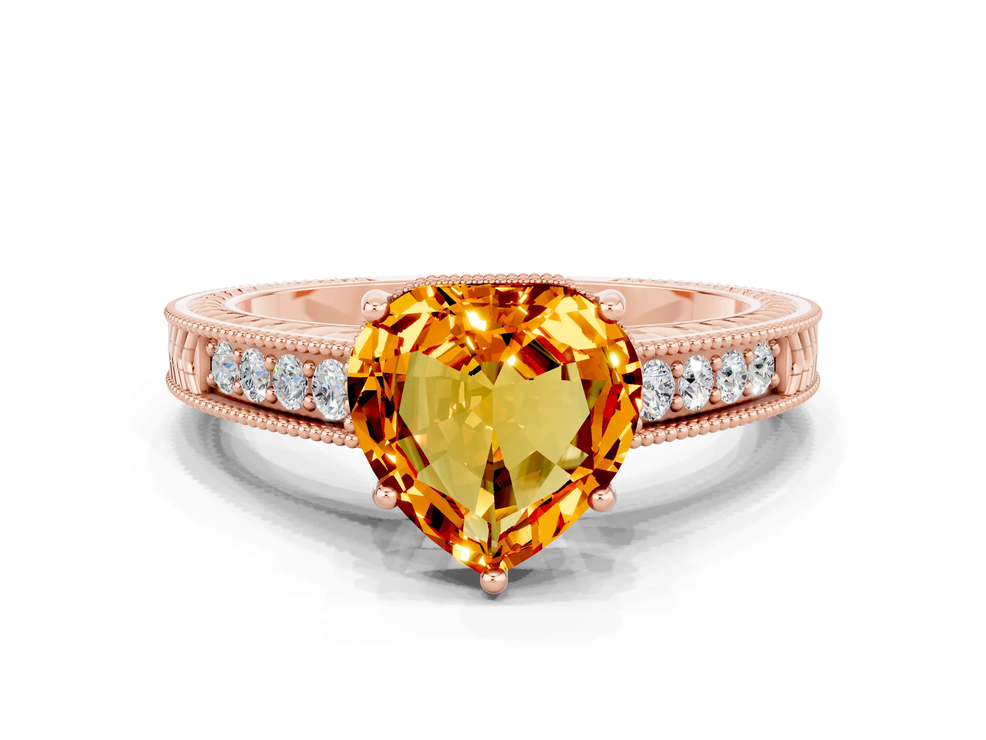 Rose gold Heart Cut Citrine Engagement Ring with Milgrain Channel Set Band and Prong Setting