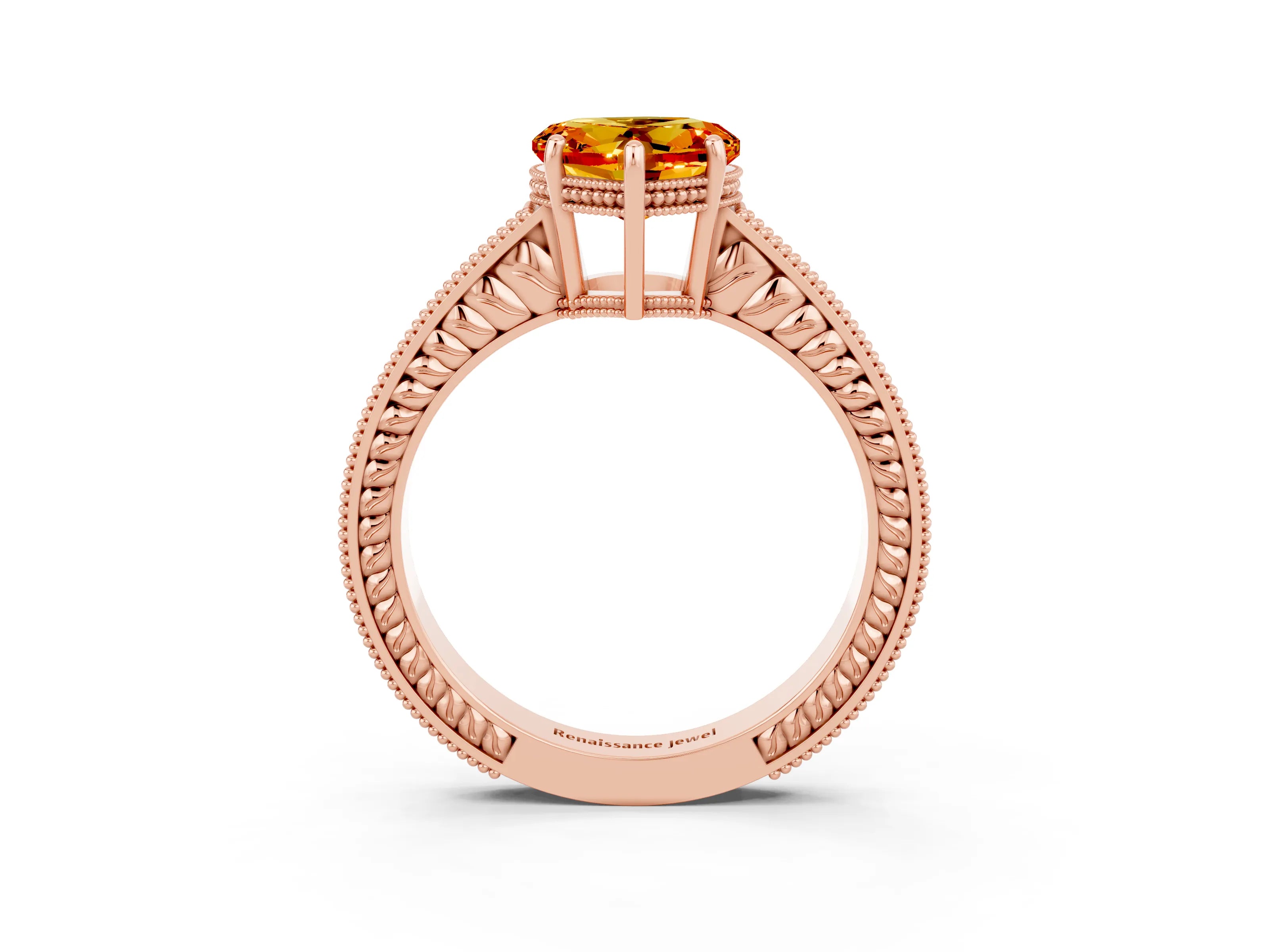 Rose gold Heart Cut Citrine Engagement Ring with Milgrain Channel Set Band and Prong Setting_3