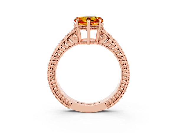 Rose gold Heart Cut Citrine Engagement Ring with Milgrain Channel Set Band and Prong Setting