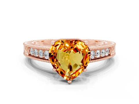 Rose gold Heart Cut Citrine Engagement Ring with Milgrain Channel Set Band and Prong Setting