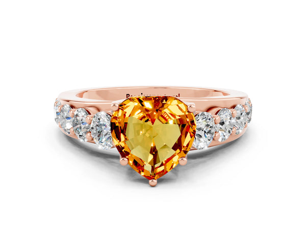 Rose gold Heart Cut Citrine Engagement Ring with Pavé Band and Four-Prong Setting