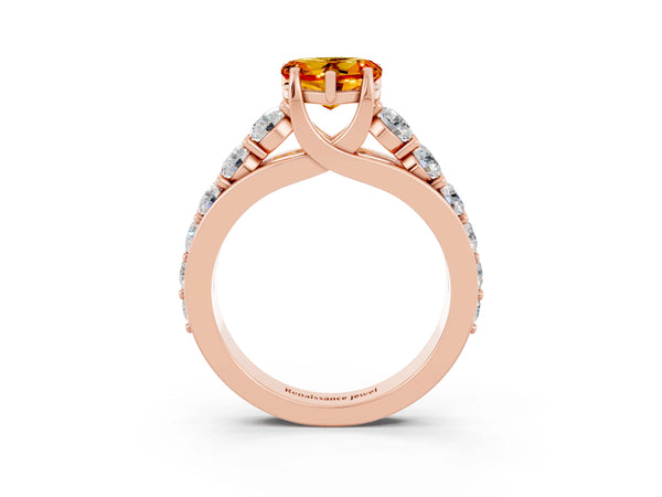 Rose gold Heart Cut Citrine Engagement Ring with Pavé Band and Four-Prong Setting