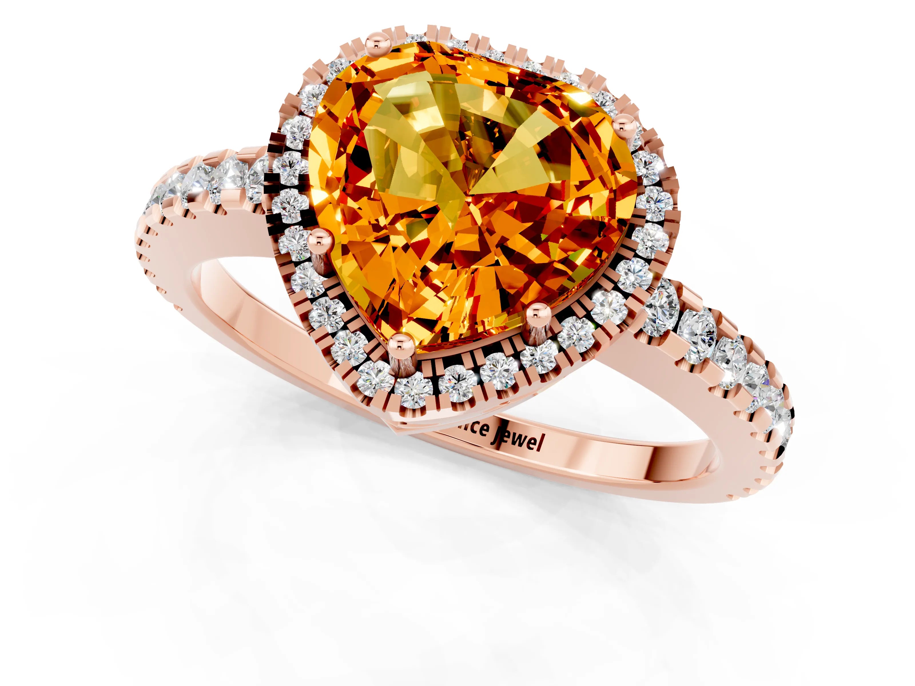 Rose gold Heart Cut Citrine Halo Engagement Ring with Pavé Band and Prong Setting_13