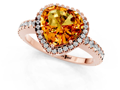 Rose gold Heart Cut Citrine Halo Engagement Ring with Pavé Band and Prong Setting_13