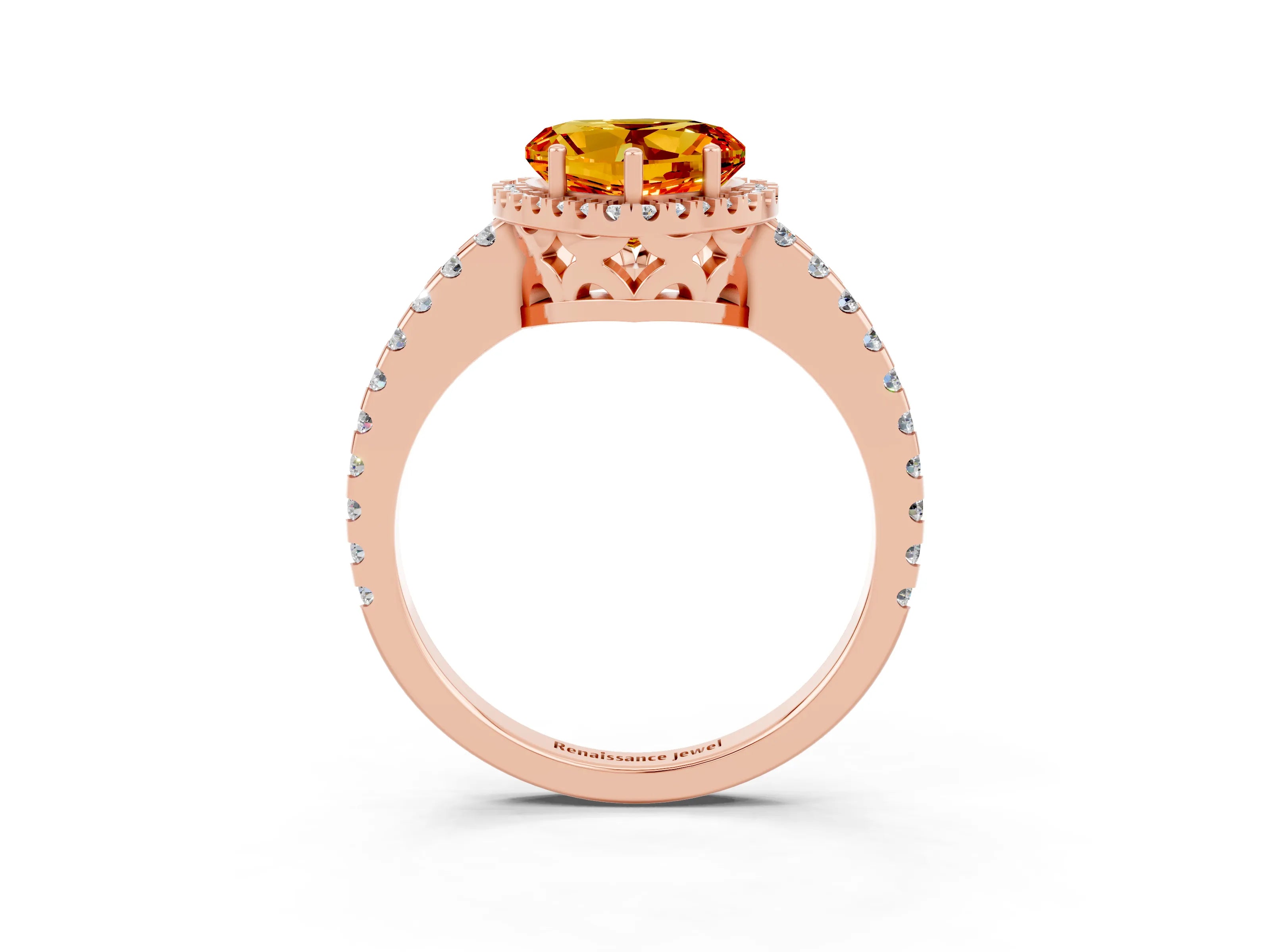 Rose gold Heart Cut Citrine Halo Engagement Ring with Pavé Band and Prong Setting_15