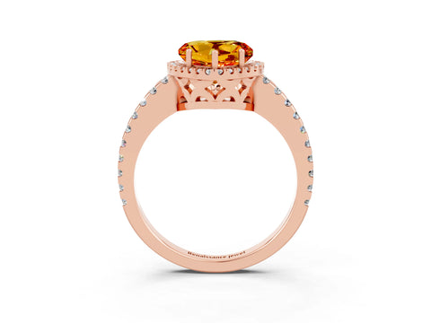 Rose gold Heart Cut Citrine Halo Engagement Ring with Pavé Band and Prong Setting_15