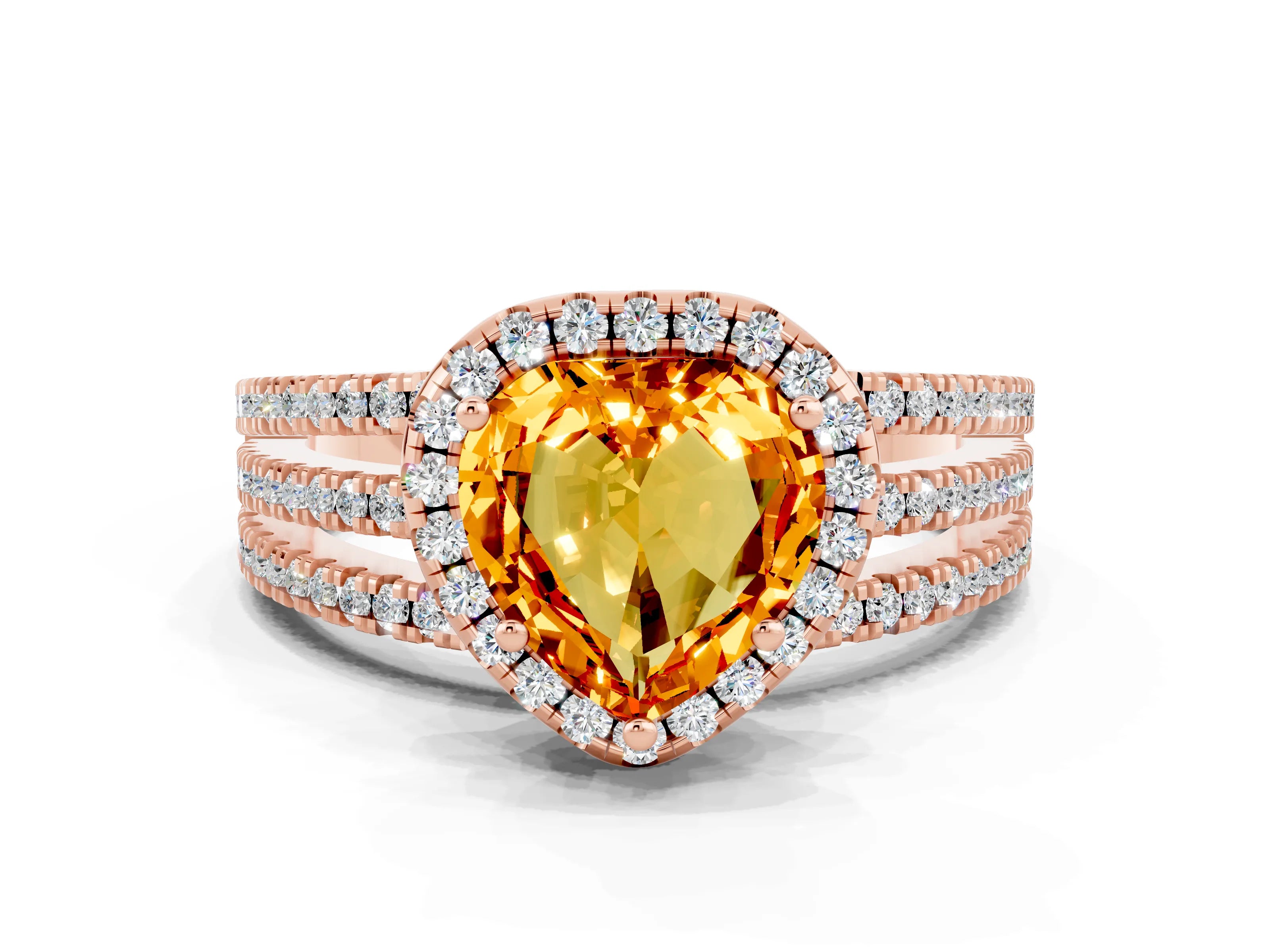 Rose gold Heart Cut Citrine Halo Engagement Ring with Split Shank and Four-Prong Setting