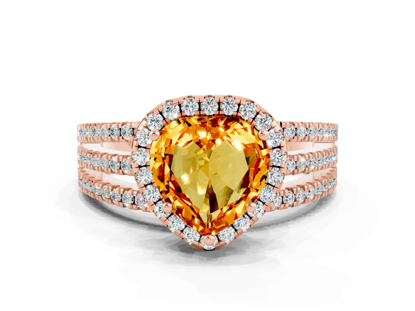 Rose gold Heart Cut Citrine Halo Engagement Ring with Split Shank and Four-Prong Setting