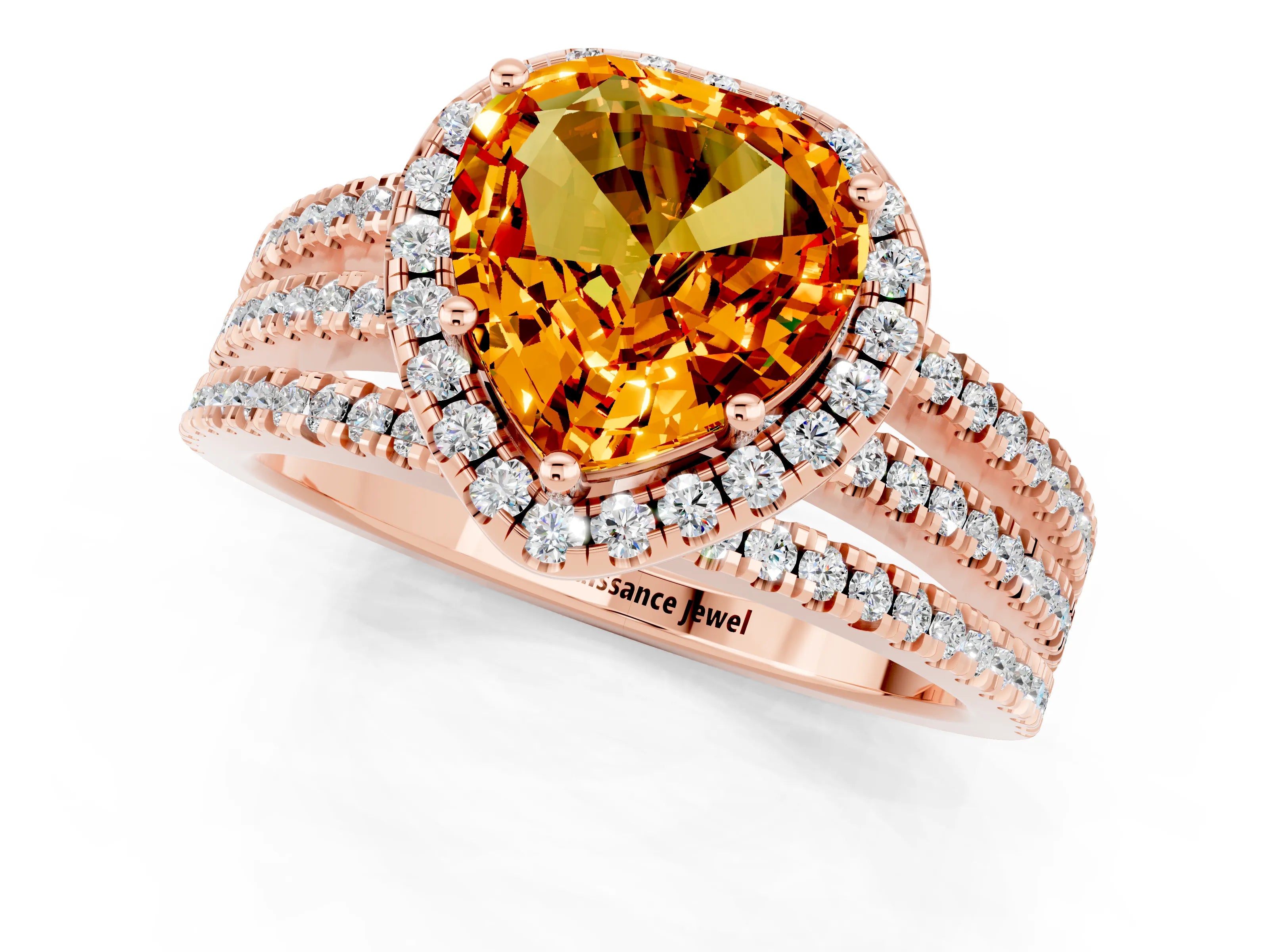 Rose gold Heart Cut Citrine Halo Engagement Ring with Split Shank and Four-Prong Setting_1