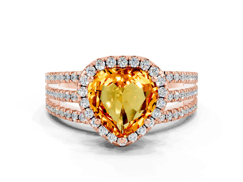 Rose gold Heart Cut Citrine Halo Engagement Ring with Split Shank and Four-Prong Setting