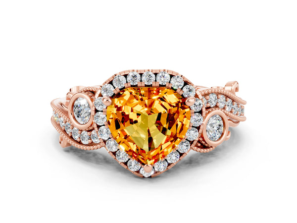 Rose gold Heart Cut Citrine Halo Ring with Milgrain Pavé Band and Four-Prong Setting