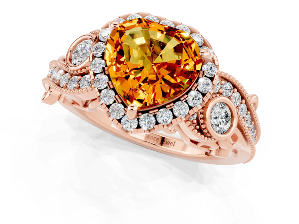 Rose gold Heart Cut Citrine Halo Ring with Milgrain Pavé Band and Four-Prong Setting