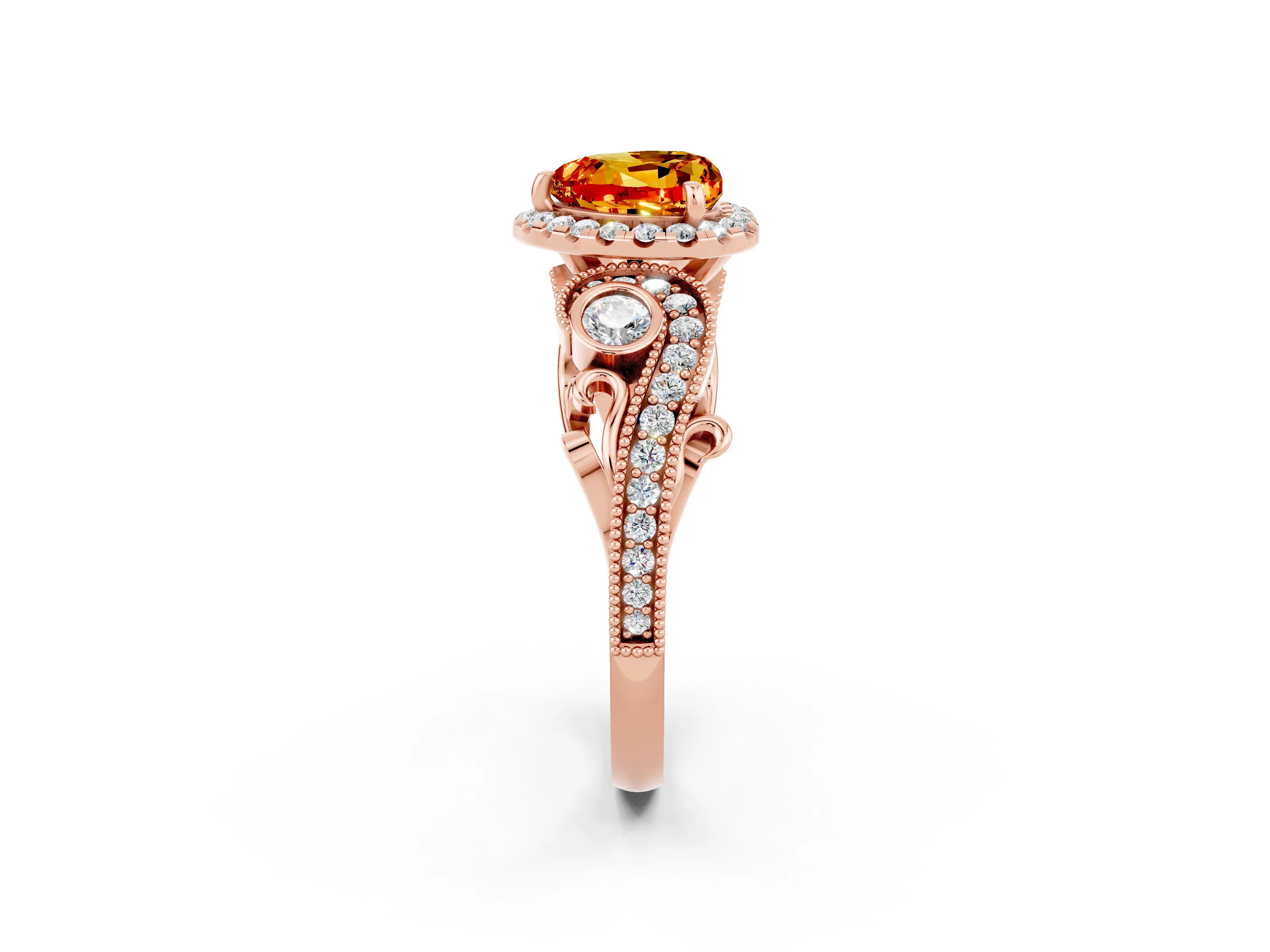 Rose gold Heart Cut Citrine Halo Ring with Milgrain Pavé Band and Four-Prong Setting_14