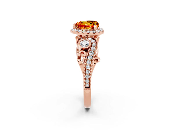 Rose gold Heart Cut Citrine Halo Ring with Milgrain Pavé Band and Four-Prong Setting