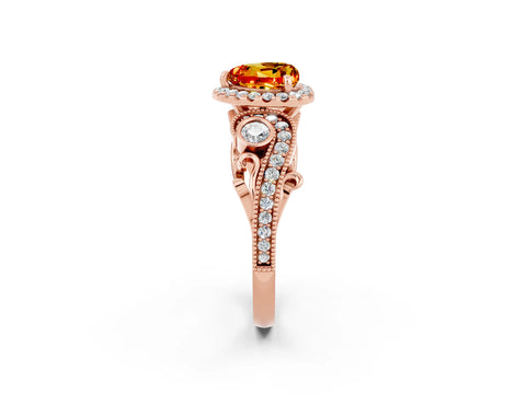 Rose gold Heart Cut Citrine Halo Ring with Milgrain Pavé Band and Four-Prong Setting_14