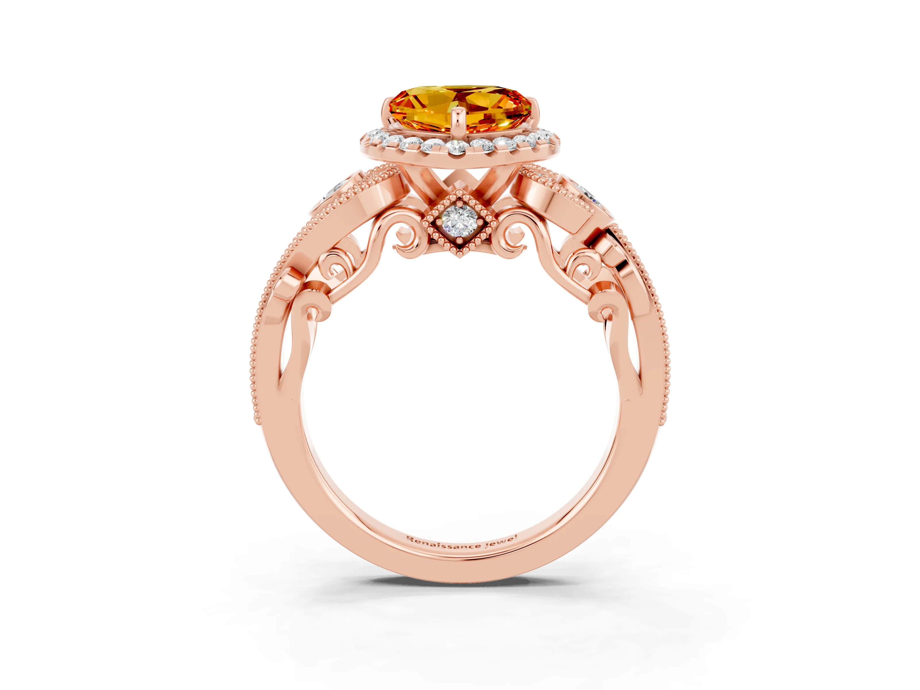 Rose gold Heart Cut Citrine Halo Ring with Milgrain Pavé Band and Four-Prong Setting_15