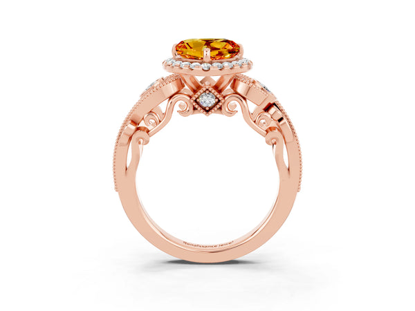 Rose gold Heart Cut Citrine Halo Ring with Milgrain Pavé Band and Four-Prong Setting