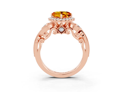 Rose gold Heart Cut Citrine Halo Ring with Milgrain Pavé Band and Four-Prong Setting_15