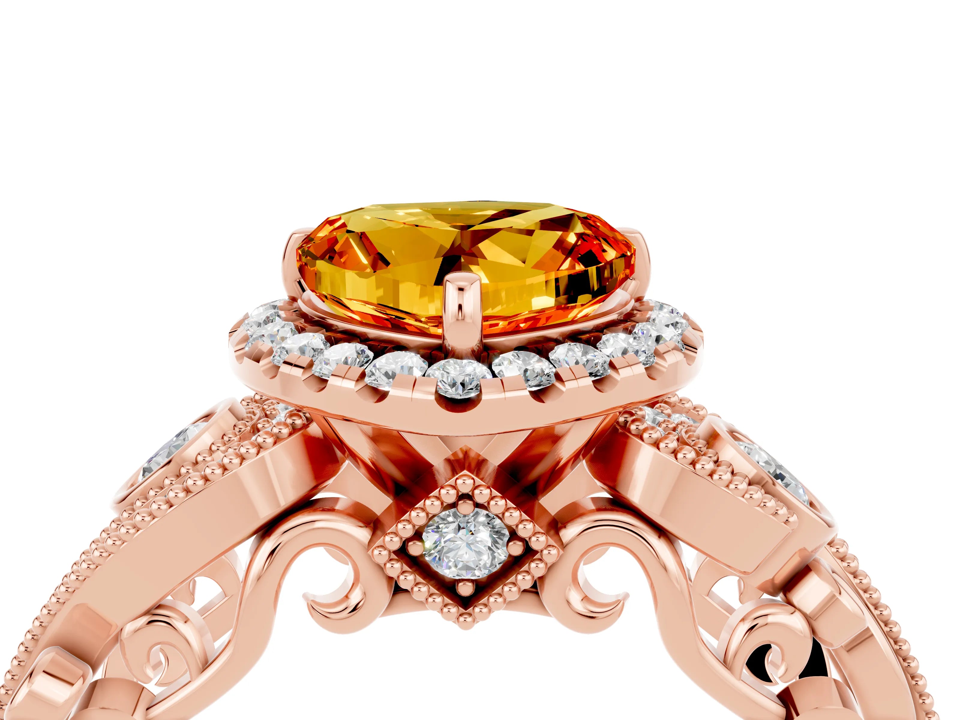 Rose gold Heart Cut Citrine Halo Ring with Milgrain Pavé Band and Four-Prong Setting_16