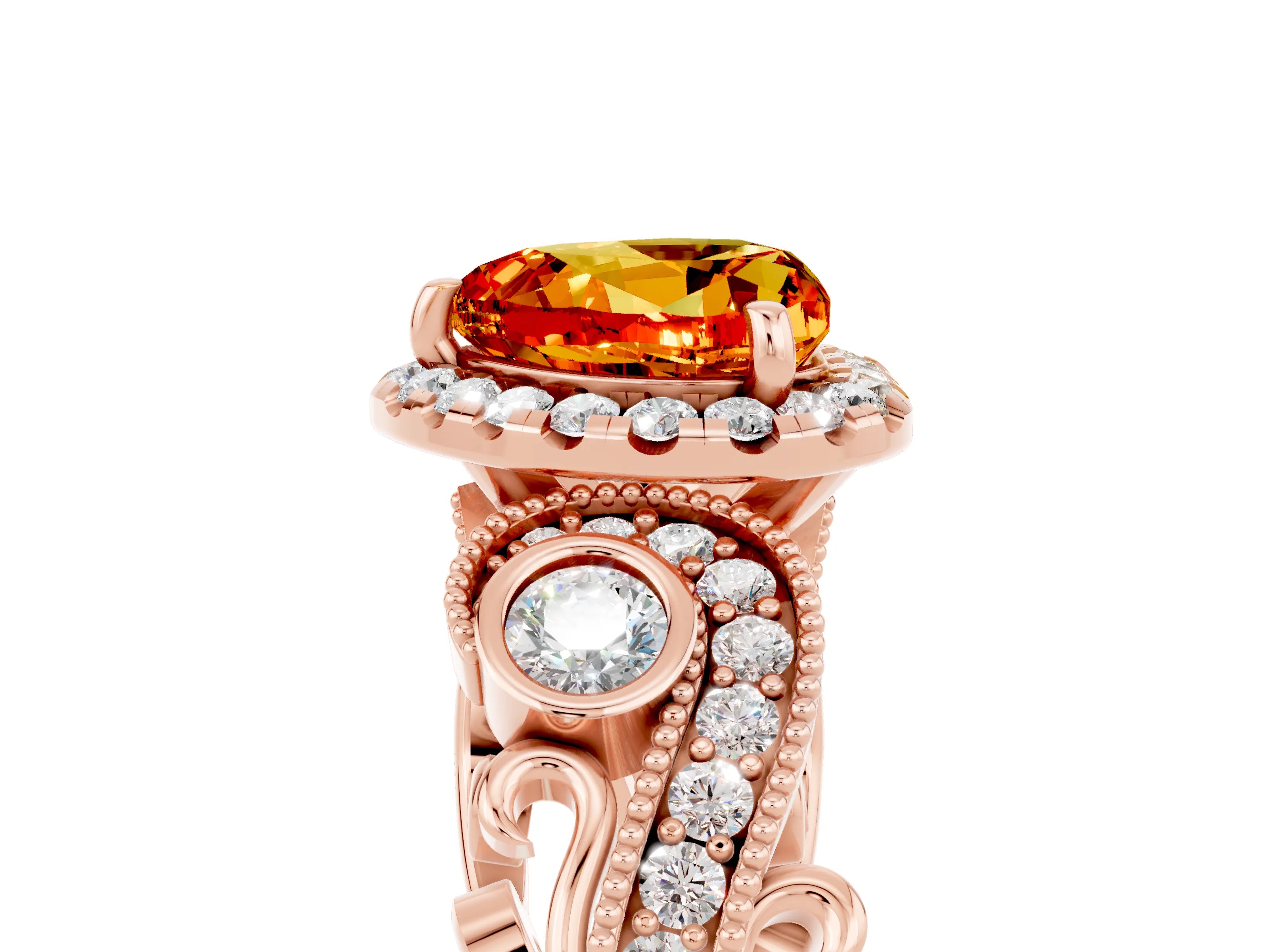 Rose gold Heart Cut Citrine Halo Ring with Milgrain Pavé Band and Four-Prong Setting_17