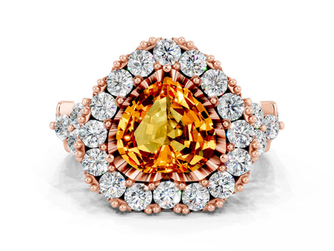 Rose gold Heart Cut Citrine Halo Ring with Pavé Band and Four-Prong Setting_12