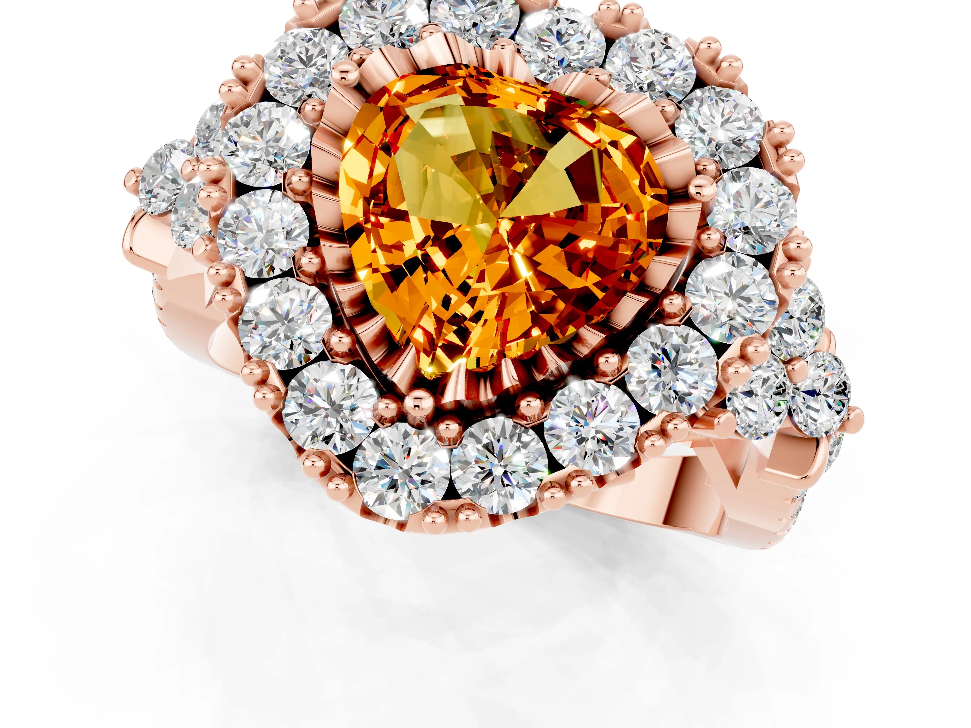 Rose gold Heart Cut Citrine Halo Ring with Pavé Band and Four-Prong Setting_13