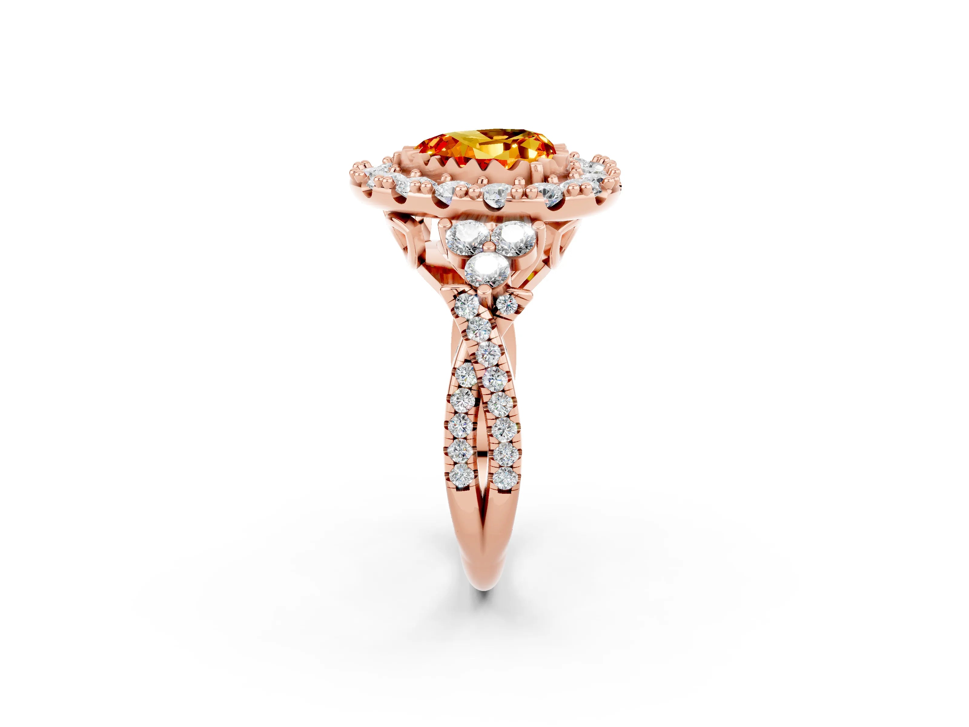 Rose gold Heart Cut Citrine Halo Ring with Pavé Band and Four-Prong Setting_14