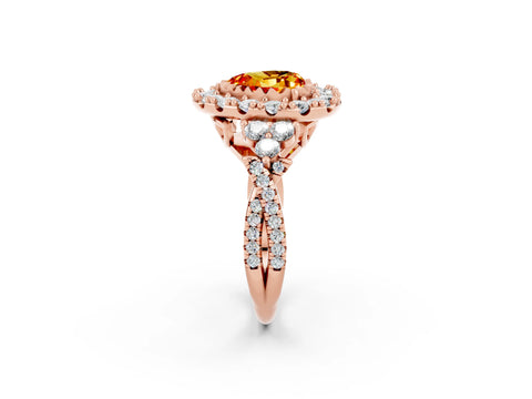 Rose gold Heart Cut Citrine Halo Ring with Pavé Band and Four-Prong Setting_14