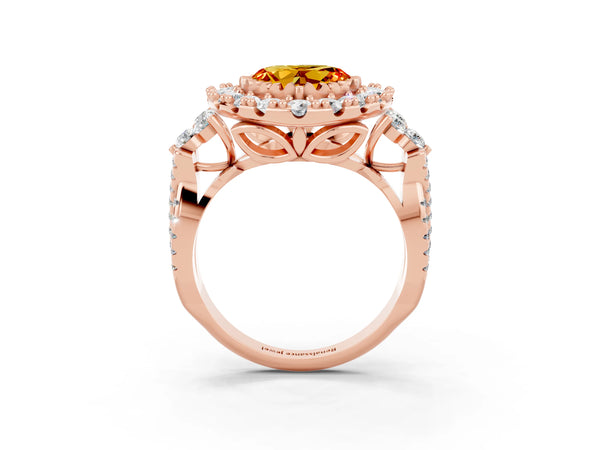 Rose gold Heart Cut Citrine Halo Ring with Pavé Band and Four-Prong Setting