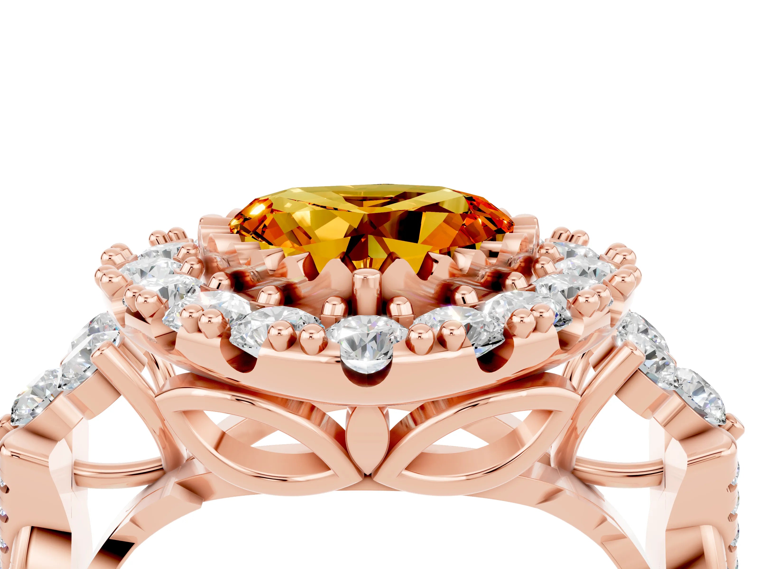 Rose gold Heart Cut Citrine Halo Ring with Pavé Band and Four-Prong Setting_16
