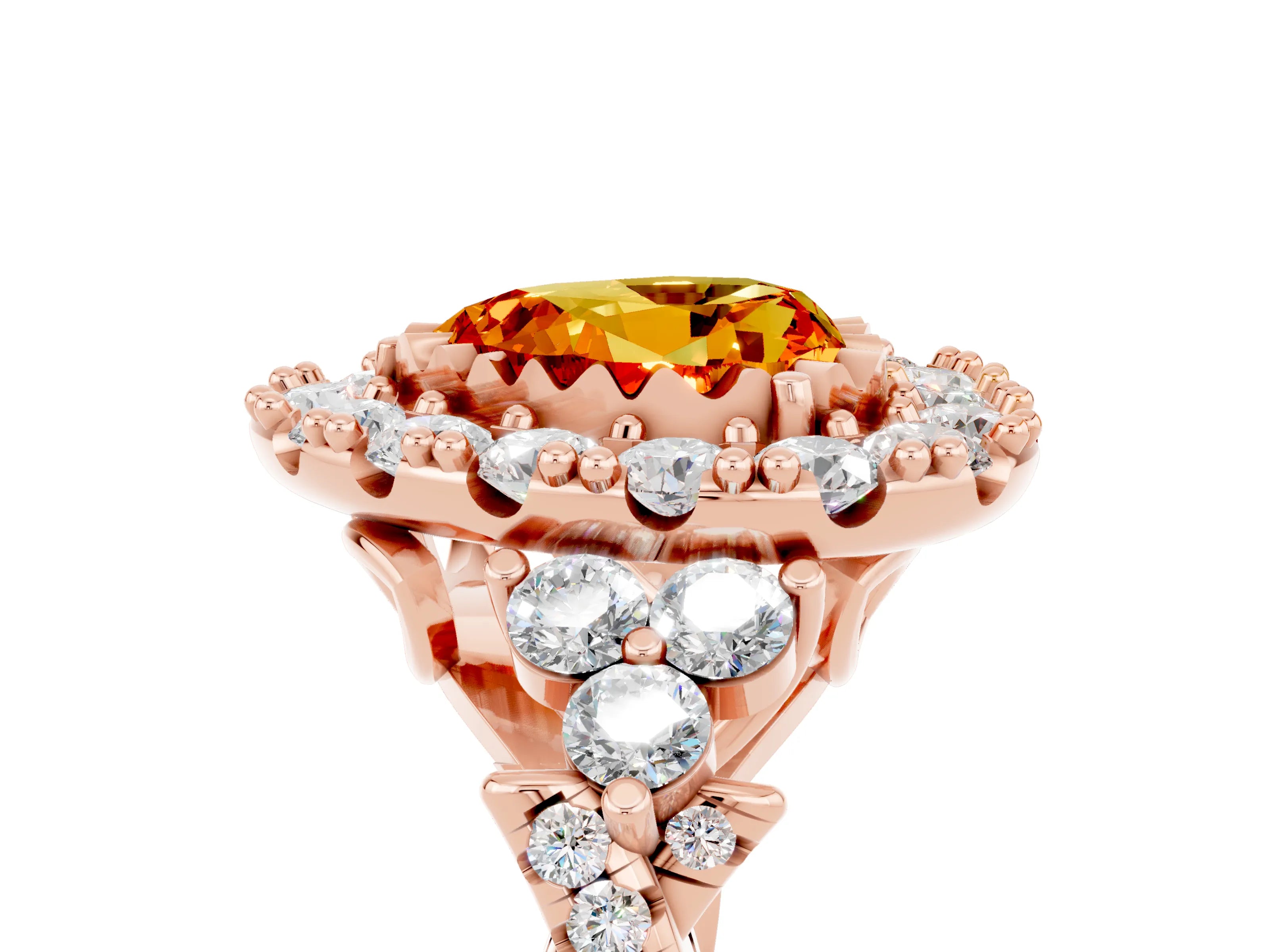 Rose gold Heart Cut Citrine Halo Ring with Pavé Band and Four-Prong Setting_17