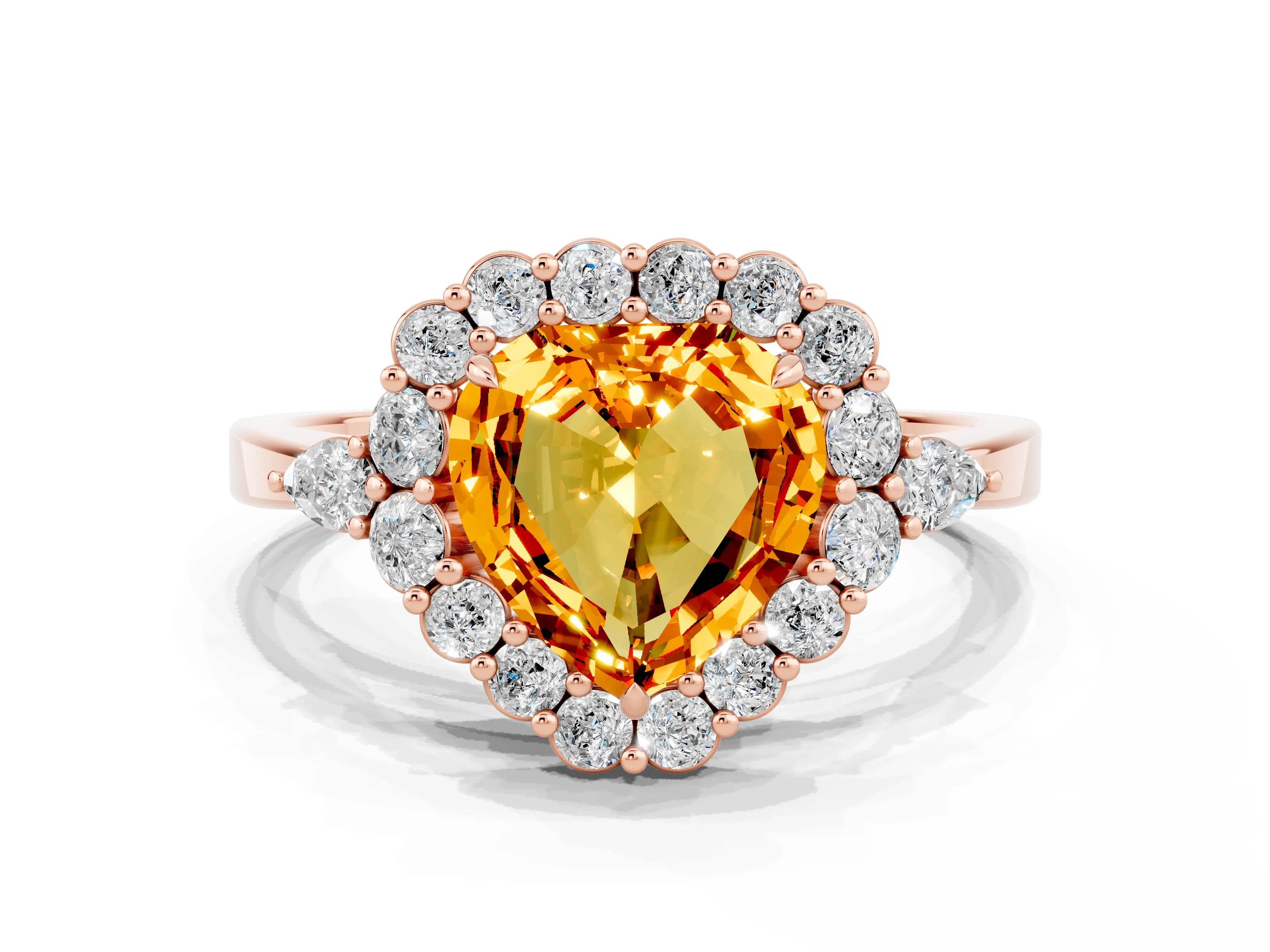 Rose gold Heart Cut Citrine Halo Ring with Pear Side Stones and Prong Setting_12