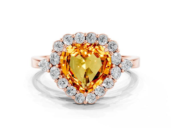 Rose gold Heart Cut Citrine Halo Ring with Pear Side Stones and Prong Setting