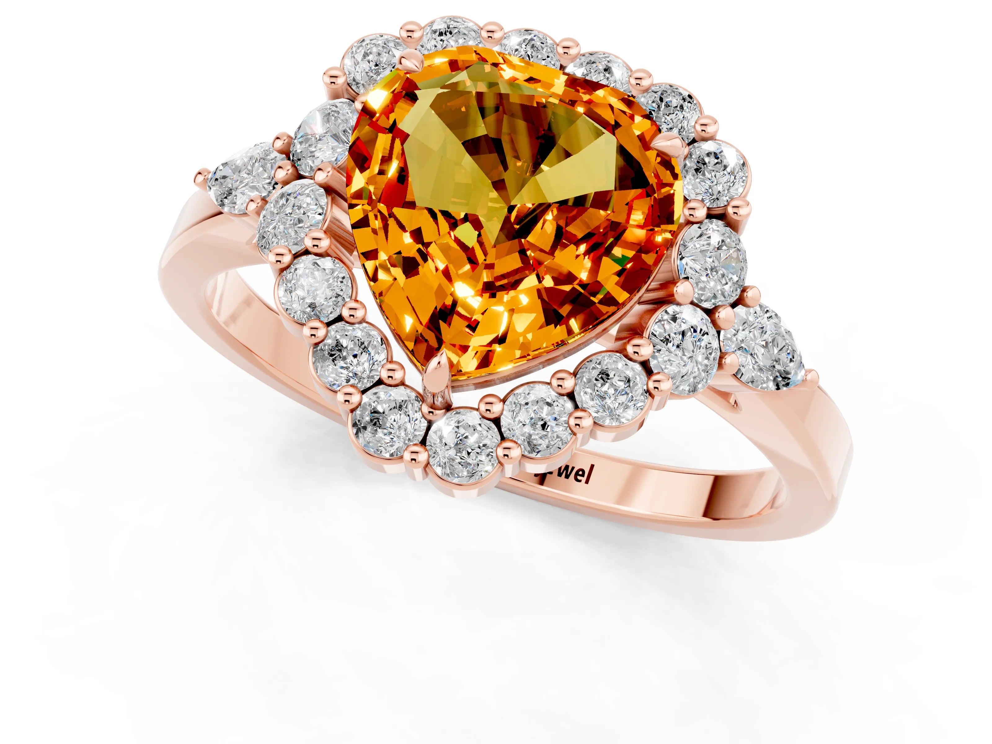 Rose gold Heart Cut Citrine Halo Ring with Pear Side Stones and Prong Setting_13