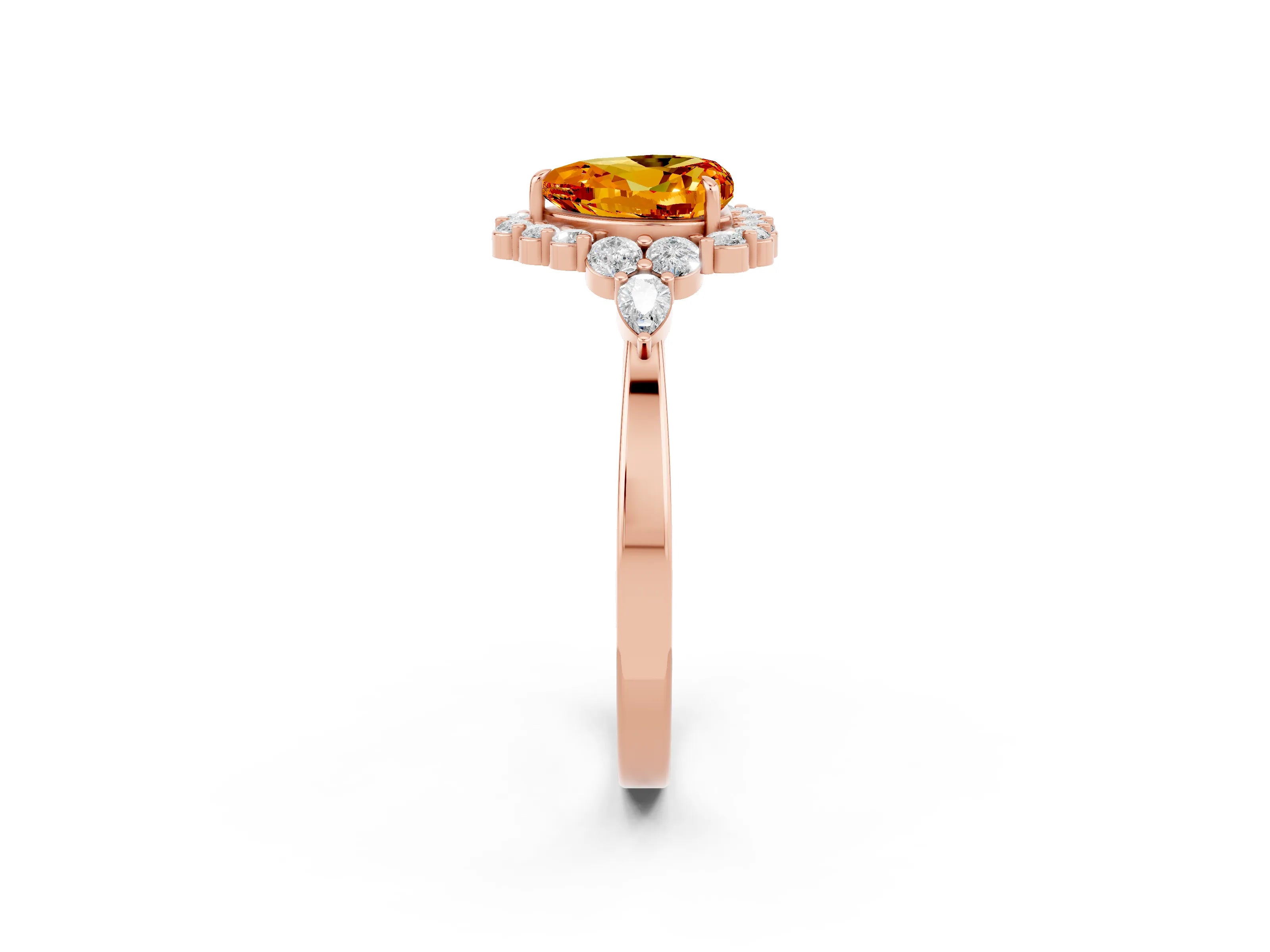 Rose gold Heart Cut Citrine Halo Ring with Pear Side Stones and Prong Setting_14