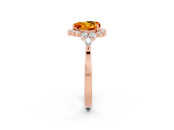 Rose gold Heart Cut Citrine Halo Ring with Pear Side Stones and Prong Setting