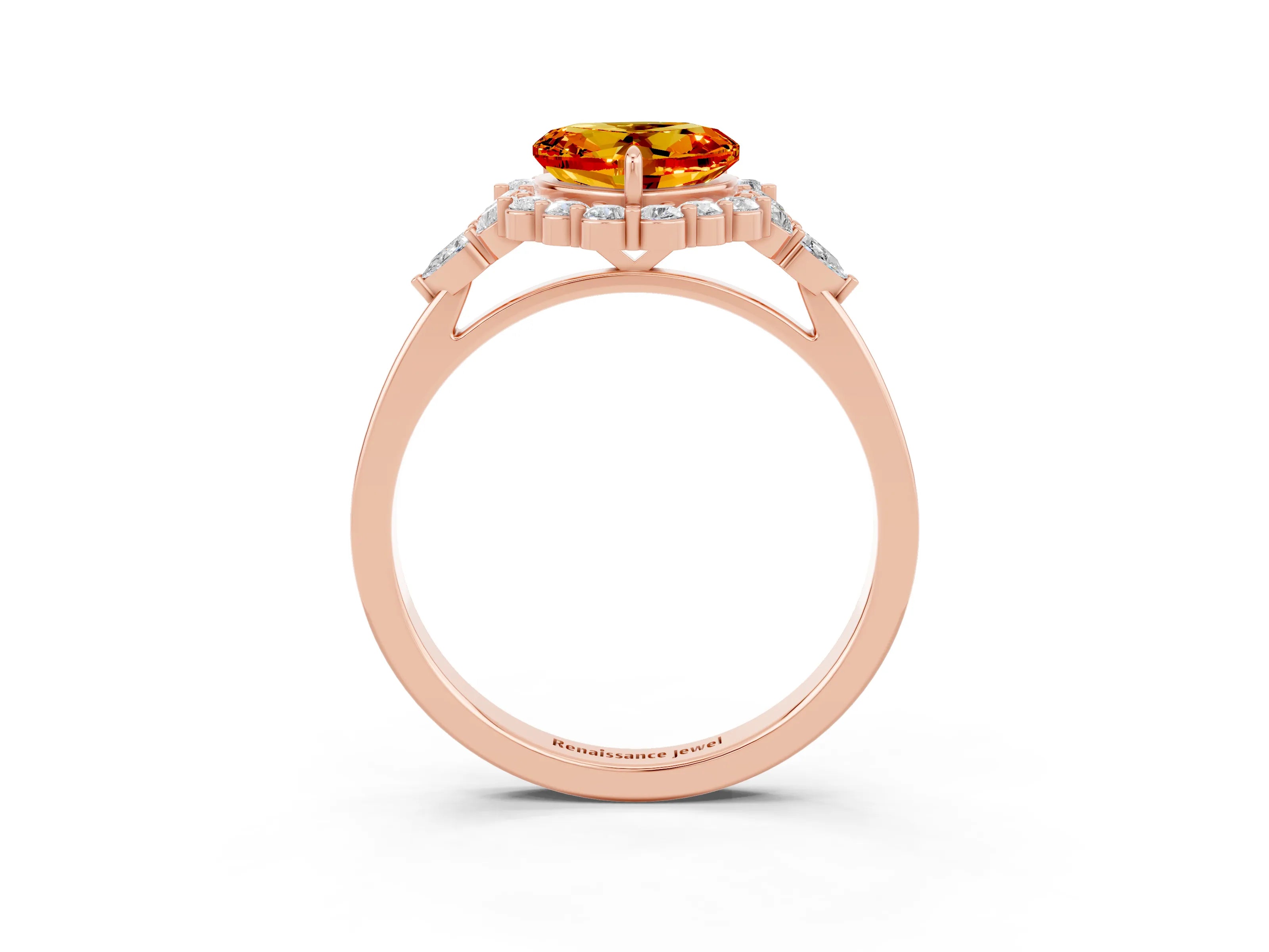 Rose gold Heart Cut Citrine Halo Ring with Pear Side Stones and Prong Setting_15