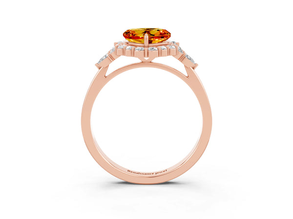 Rose gold Heart Cut Citrine Halo Ring with Pear Side Stones and Prong Setting