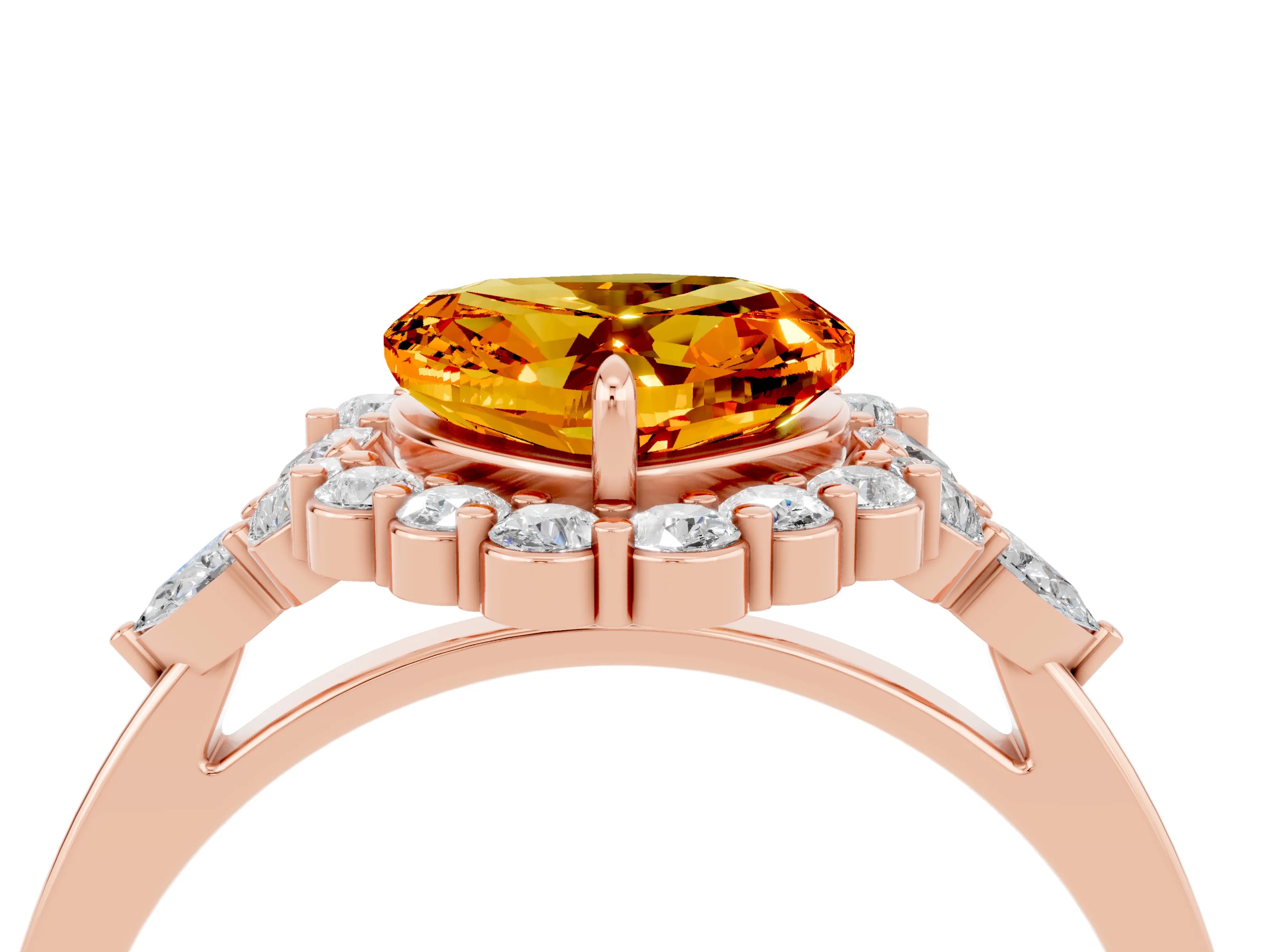 Rose gold Heart Cut Citrine Halo Ring with Pear Side Stones and Prong Setting_16