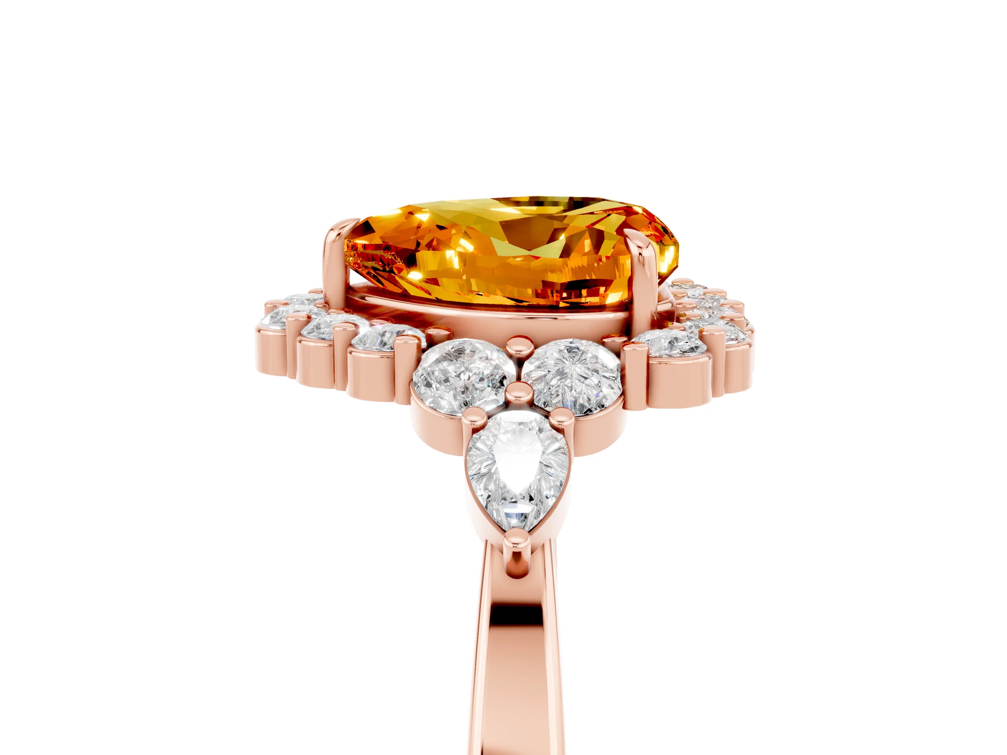 Rose gold Heart Cut Citrine Halo Ring with Pear Side Stones and Prong Setting_17