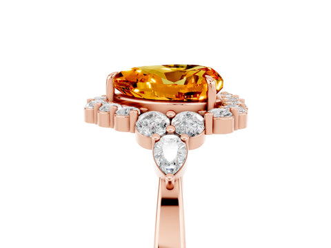 Rose gold Heart Cut Citrine Halo Ring with Pear Side Stones and Prong Setting_17