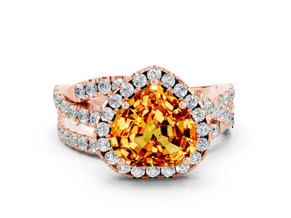Rose gold Heart Cut Citrine Halo Ring with Round Split Shank and Prong Setting