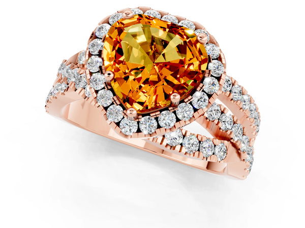 Rose gold Heart Cut Citrine Halo Ring with Round Split Shank and Prong Setting