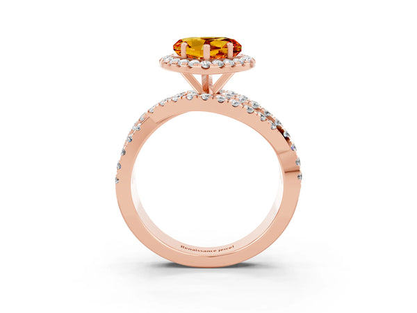 Rose gold Heart Cut Citrine Halo Ring with Round Split Shank and Prong Setting