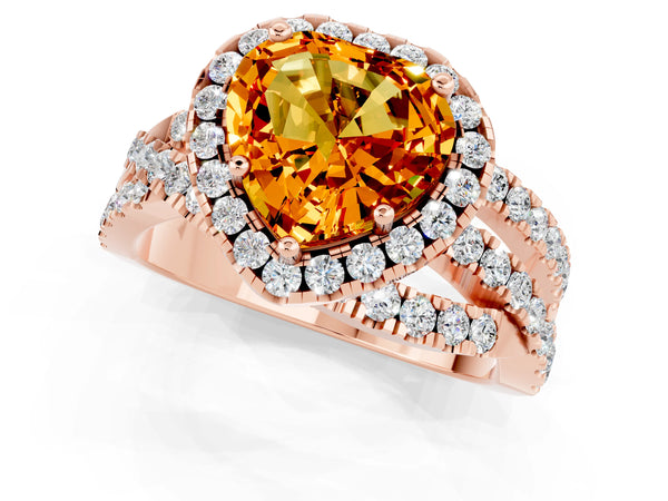 Rose gold Heart Cut Citrine Halo Ring with Round Split Shank and Prong Setting